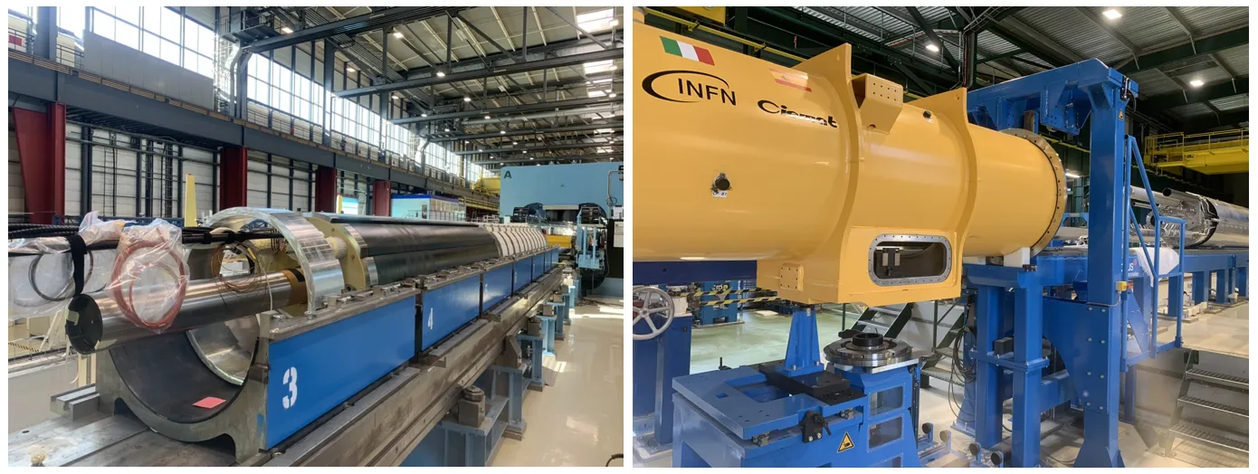 Fig. 2: Construction of the corrector package cold mass with the long nested corrector in the forefront (left) and insertion of the corrector package in the cryostat (right)