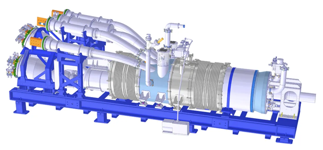 Fig. 1: 3D illustration of a compact (about 5.5m long) DFH assembled in the final configuration with 19 current leads transferring, altogether, about 120 kA