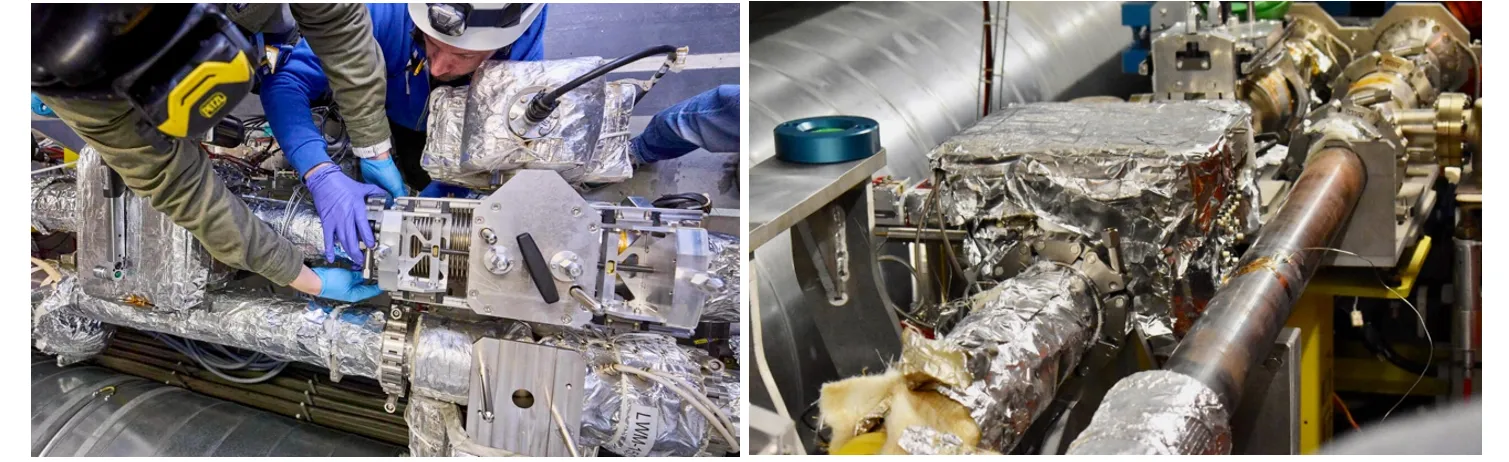 Fig. 2: People at work to install the new TCPC in the designated slot in IR7, and final installation with the new device ready for beam. Courtesy R. Seidenbinder.