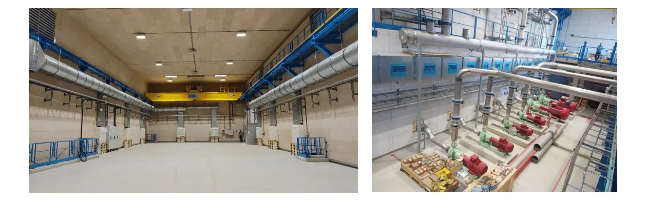 Fig. 3 (left): SHM building with its general services. Fig. 4 (right): SF building with general services and its primary-water cooling infrastructure